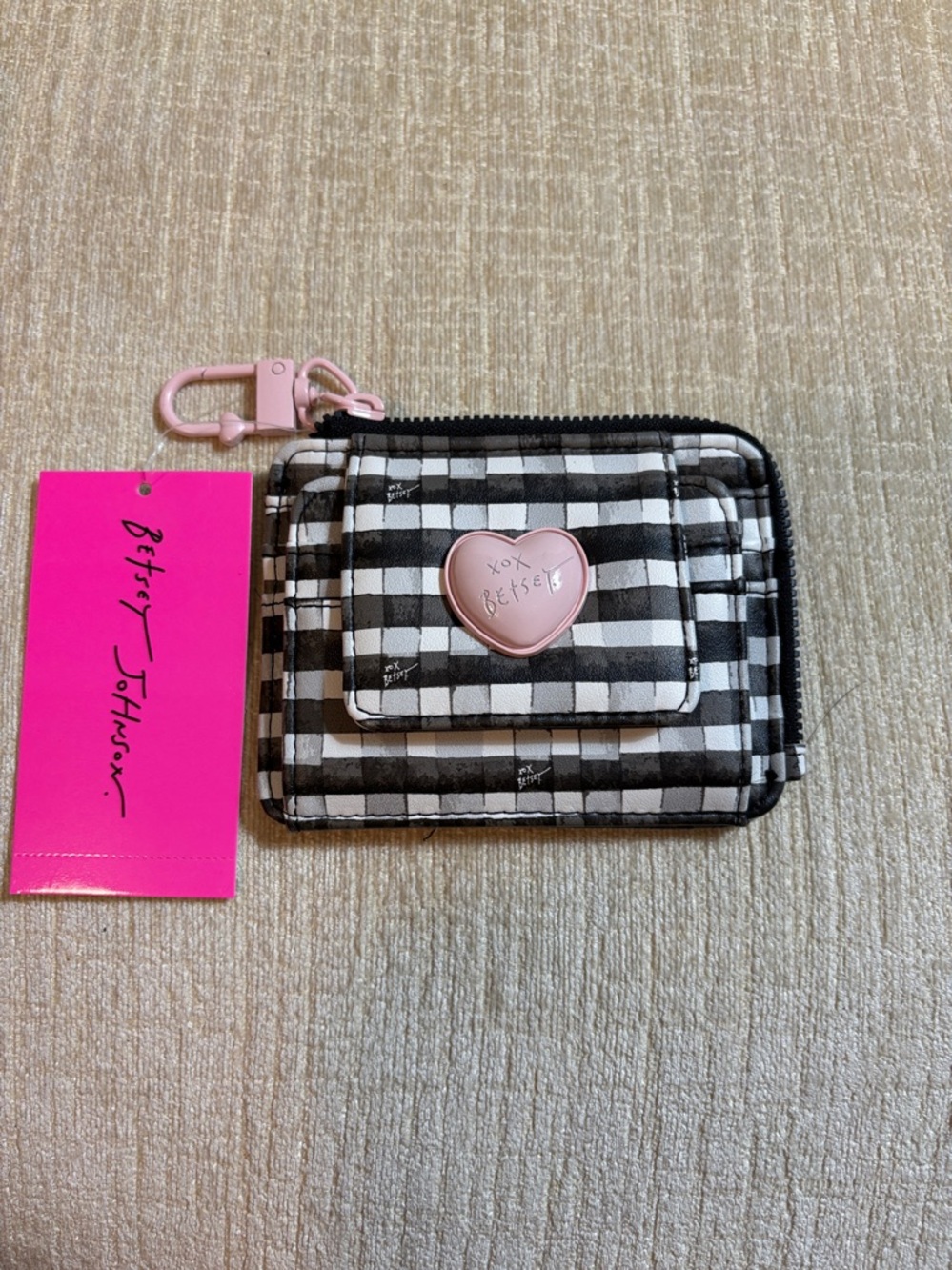 Betsey Johnson Black & White Gingham Card Case with Pink Heart Accent